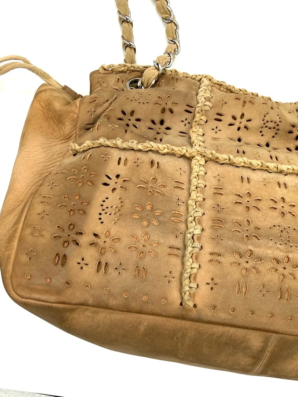Chanel Tan Brown Suede Fringe Floral CC Flap Bag